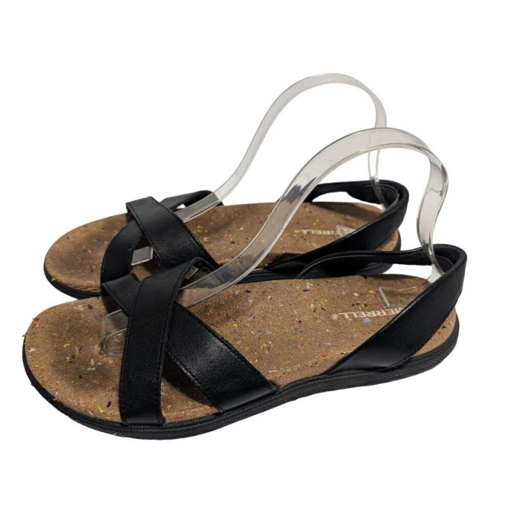Merrell Womens Napa Valley Sandals Sling Cross Cork Black Leather Sandals Size 9